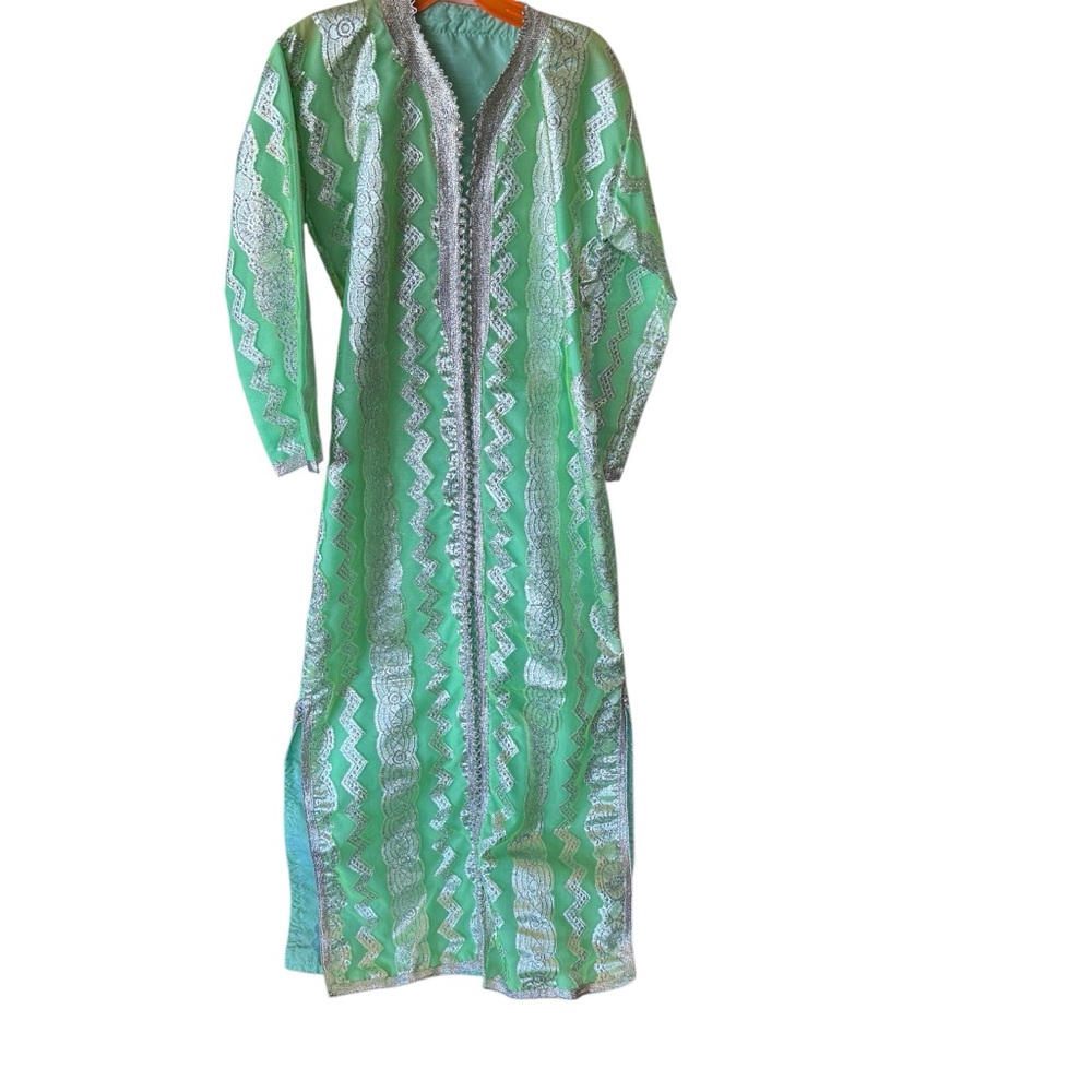Moroccan Brocade Look Green and Silver Kaftan Appropriately 90 Buttons Up